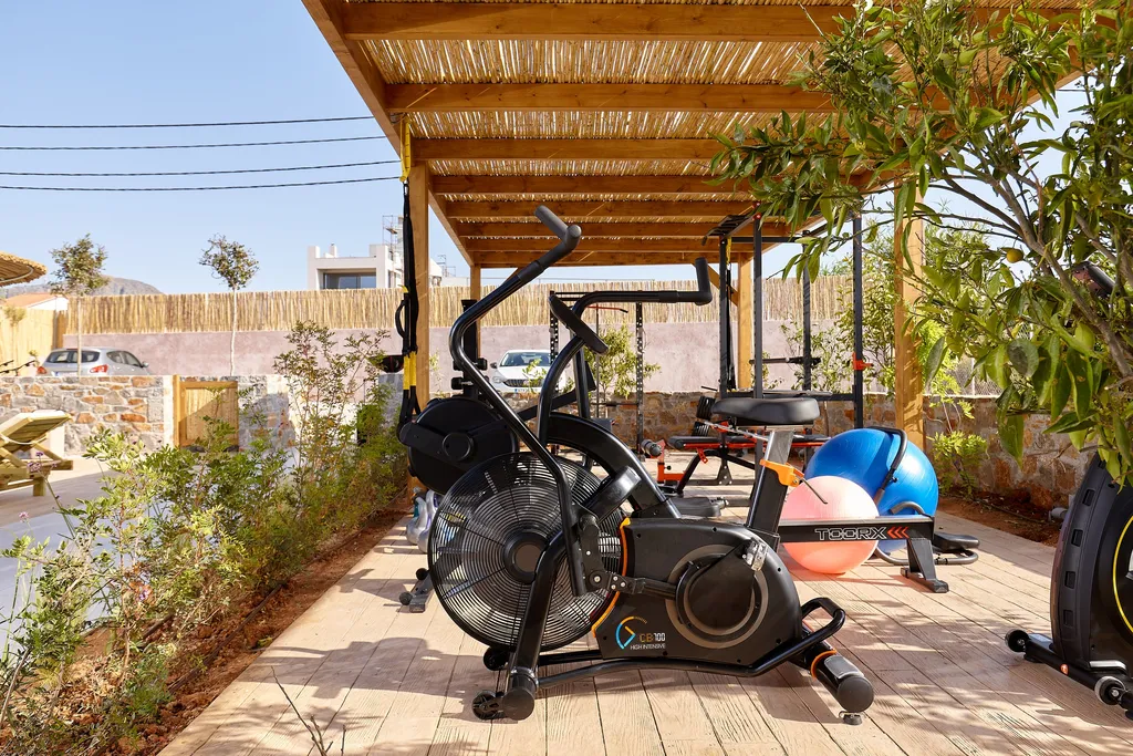 Air bike και όργανα γυμναστικής στο σκιερό υπαίθριο γυμναστήριο, πλαισιωμένα από δέντρα και κρητικό ήλιο